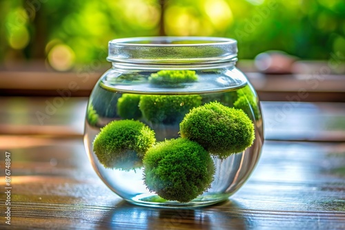 japanese green moss ball marimo float in water tank photo