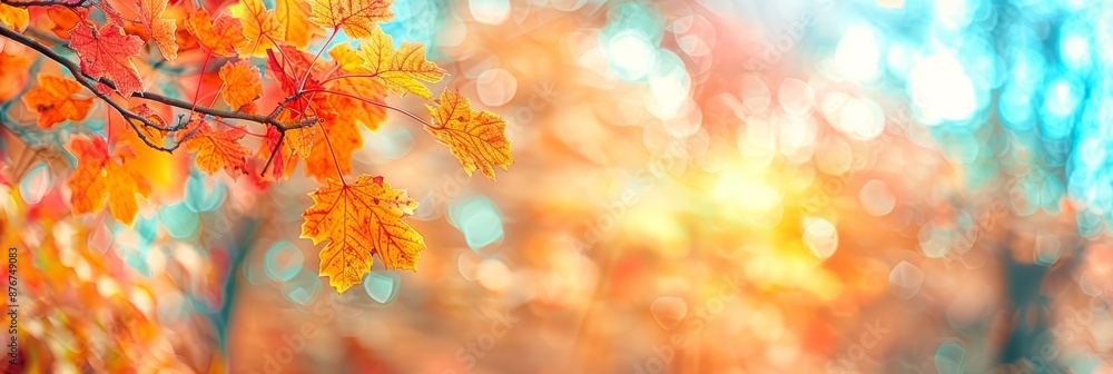 Close-up of Autumn Yellow Leaf with Bright Orange Tree Changing Color. Blur Bokeh Background with Golden Colors in Park on a Sunny October Day. Red Leaves in Garden, Sunlit Blue Sky, Close-up of Autumn Yellow Leaf with Bright Orange Tree Changing Color. Blur Bokeh Background with Golden Colors in Park on a Sunny October Day. Red Leaves in Garden, Sunlit Blue Sky,