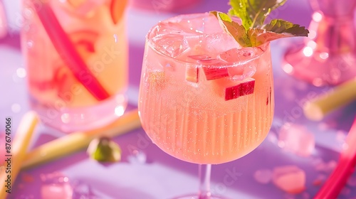 Pink Rhubarb spritz summer drink aperitif cocktail on purple background