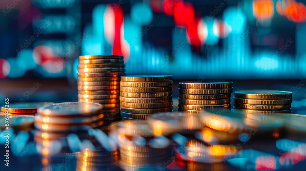 Stacks of gold coins are arranged in a line against a blurry background of a financial stock chart, showcasing the relationship between money and the market Stacks of gold coins are arranged in a line against a blurry background of a financial stock chart, showcasing the relationship between money and the market