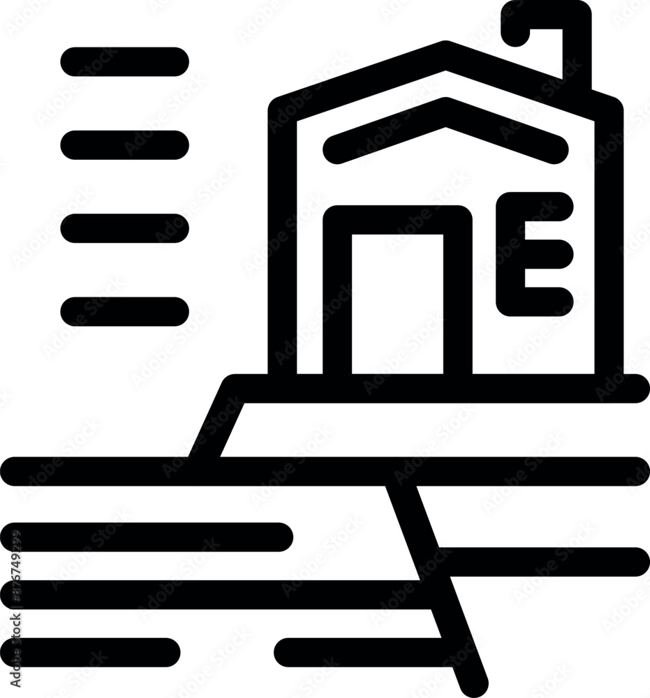 Black outline icon of a house standing on the edge of a deep crack in the ground caused by an earthquake Black outline icon of a house standing on the edge of a deep crack in the ground caused by an earthquake