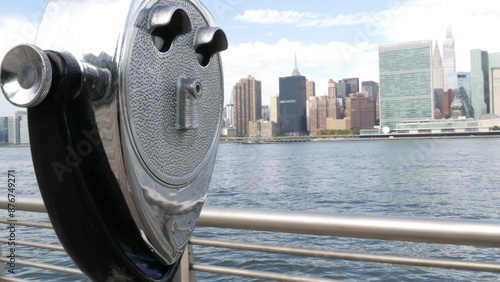 New York City waterfront skyline, Manhattan Midtown buildings, riverfront skyscrapers by East river water. Waterside cityscape, tower viewer, Gantry Plaza. Long Island, Queens. United States tourism.