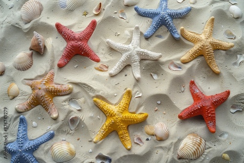 A high-angle shot of several plastic starfish scattered on a sandy beach, with footprints and seashells visible in the background, evoking a sense of seaside tranquility