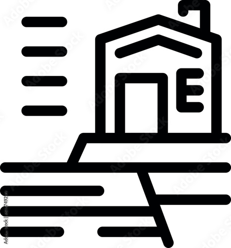 Black outline icon of a house standing on the edge of a deep crack in the ground caused by an earthquake