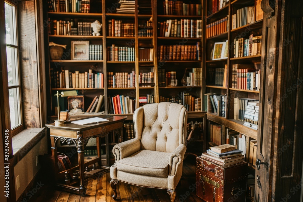 A cozy writer's desk tucked away in a library alcove, surrounded by floor-to-ceiling bookshelves, with a plush reading chair and a stack, Generative AI A cozy writer's desk tucked away in a library alcove, surrounded by floor-to-ceiling bookshelves, with a plush reading chair and a stack, Generative AI