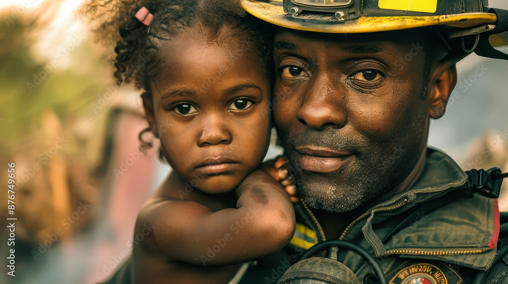 Fototapeta premium A firefighter holds a young girl close, offering comfort and protection in the aftermath of a disaster