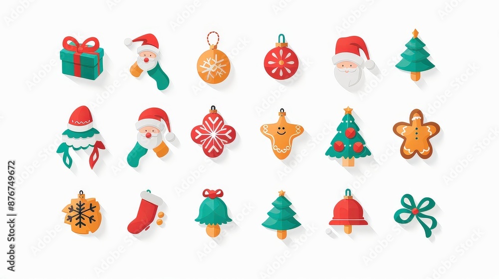 A vibrant photo of 36 Christmas flat icons in high resolution, arranged in a grid on a white background. The set includes Christmas presents, snowflakes, Santa hats, gingerbread men, and bells, all A vibrant photo of 36 Christmas flat icons in high resolution, arranged in a grid on a white background. The set includes Christmas presents, snowflakes, Santa hats, gingerbread men, and bells, all