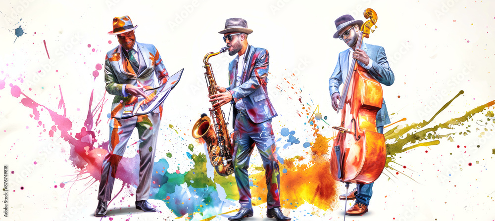 Fototapeta premium Three jazz musicians, captured in a vibrant watercolor style, play their instruments with passion and energy