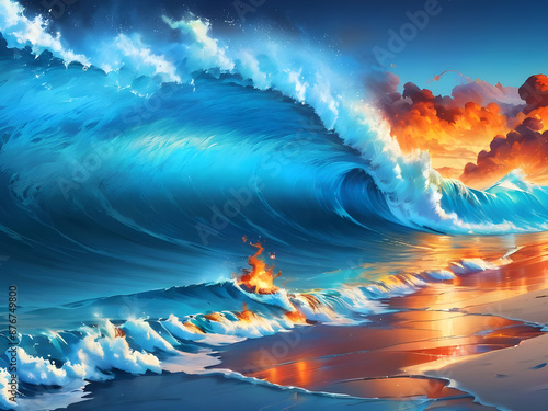 The beach, the water receding is on fire like an oil fire, one huge blue wave is about to smother the fire. Flames also in water, blue wave is awesome