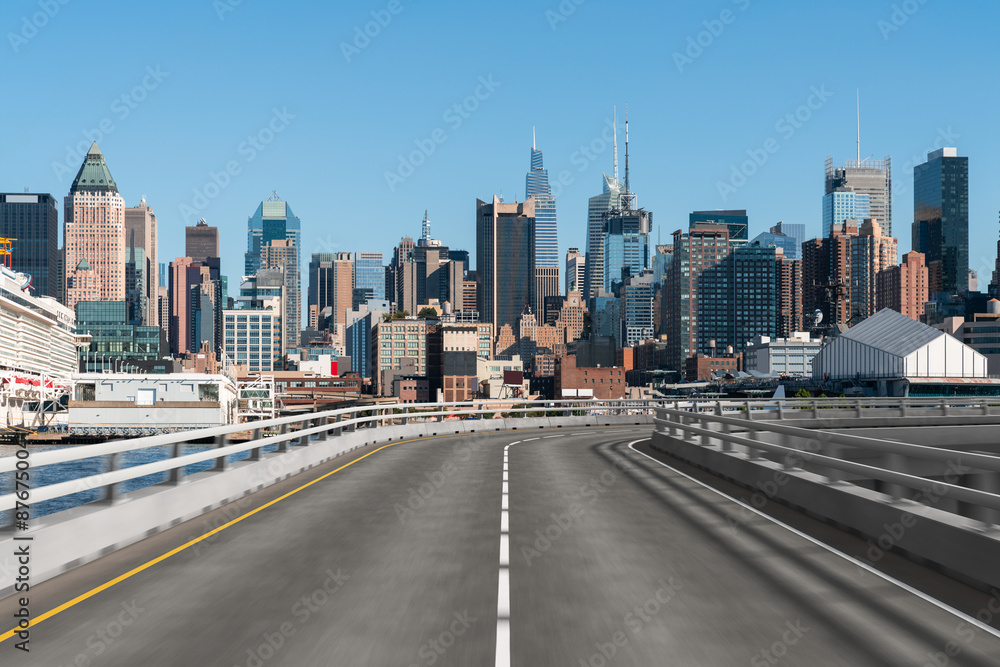 Empty urban asphalt road exterior with city buildings background. New modern highway concrete construction. Concept of way to success. Transportation logistic industry fast delivery. New York. USA. Empty urban asphalt road exterior with city buildings background. New modern highway concrete construction. Concept of way to success. Transportation logistic industry fast delivery. New York. USA.