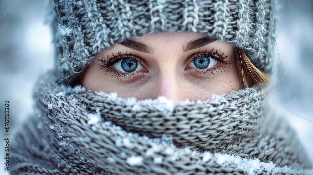 A close-up photograph of a womans face, partially hidden by a thick, gray scarf. Her blue eyes gaze intensely through the knit fabric, reflecting the frosty winter air A close-up photograph of a womans face, partially hidden by a thick, gray scarf. Her blue eyes gaze intensely through the knit fabric, reflecting the frosty winter air