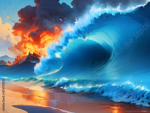 The beach, the water receding is on fire like an oil fire, one huge blue wave is about to smother the fire. Flames also in water, blue wave is awesome photo