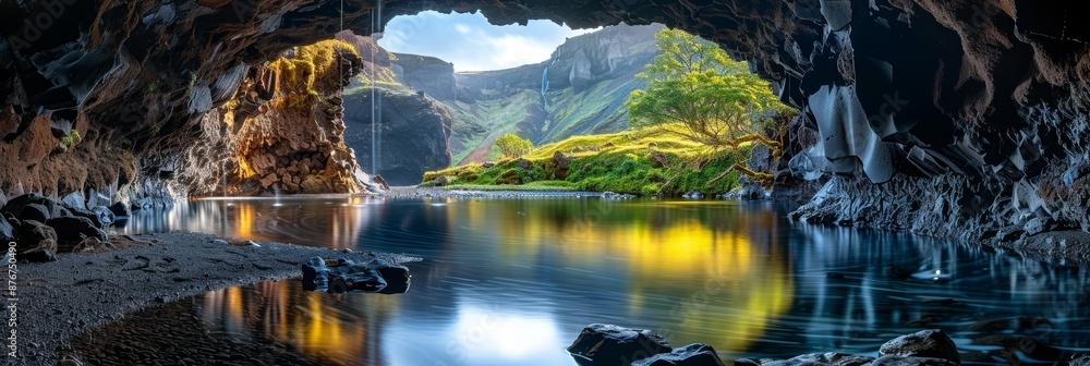 A cave in the mountain filled with water. Water in mountain cave. Mountain cave water flow. Water in cave A cave in the mountain filled with water. Water in mountain cave. Mountain cave water flow. Water in cave