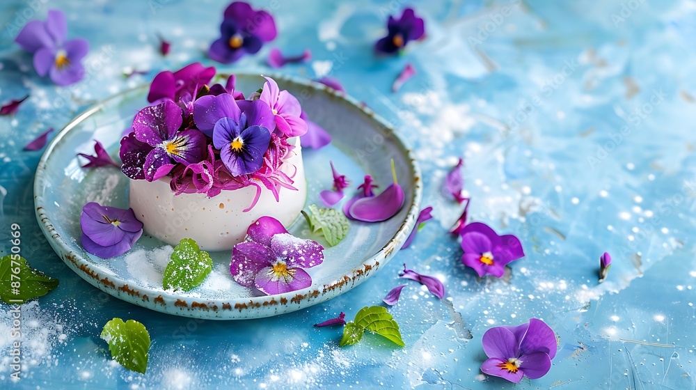 Raw vegan desserts on a plate with fresh violet and lungwort flowers on blue background Raw vegan desserts on a plate with fresh violet and lungwort flowers on blue background