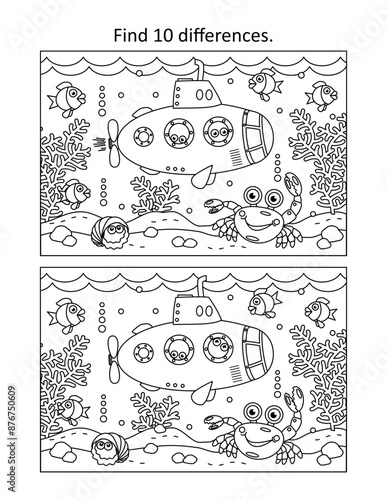 Underwater life with submarine, fish, crab, algae find difference game and coloring page 
