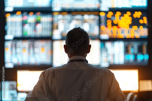 A man in a white shirt and headphones sits in front of a large video wall. He is looking at the screens intently.