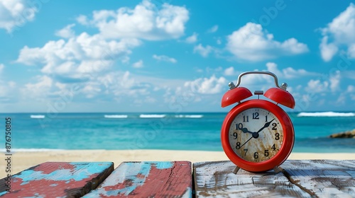 Red alarm clock on old wood with sea beach background photo