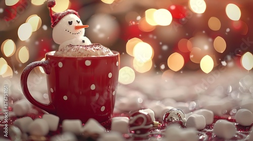 Red mug with hot chocolate with melted marshmallow snowman on bokeh background