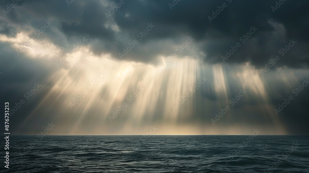 A close-up of sunbeams breaking through dark storm A close-up of sunbeams breaking through dark storm