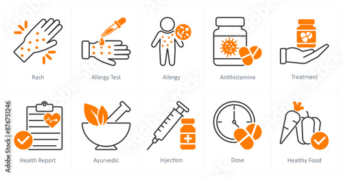 A set of 10 Medical icons as rash, allergy test, allergy