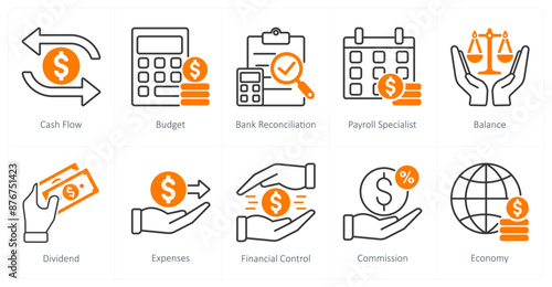 A set of 10 Accounting icons as cash flow, budget, bank reconciliation