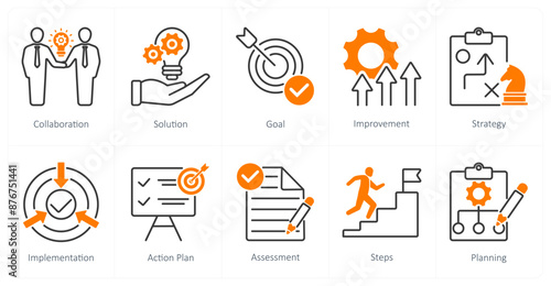 A set of 10 Action Plan icons as collaboration, solution, goal