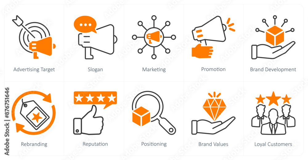 Fototapeta premium A set of 10 Branding icons as advertising target, slogan, marketing