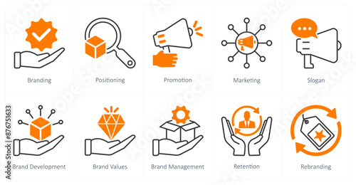 A set of 10 Branding icons as branding, positioning, promotion