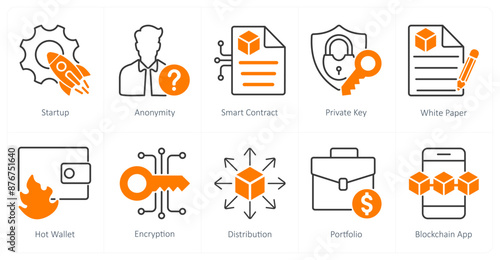 A set of 10 Blockchain icons as startup, anonymity, smart contract