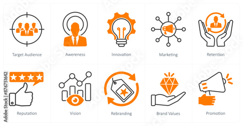 A set of 10 Branding icons as target audience, awareness, innovation