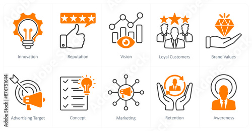 A set of 10 Branding icons as innovation, reputation, vision