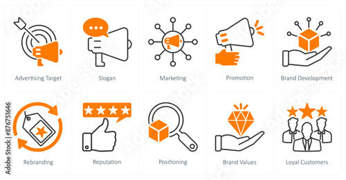 A set of 10 Branding icons as advertising target, slogan, marketing