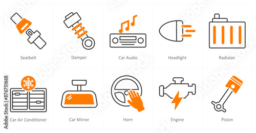A set of 10 Car icons as seat belt, damper, car audio