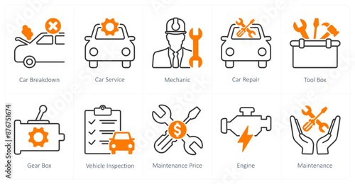 A set of 10 Car icons as car breakdown, car service, mechanic