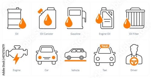 A set of 10 Car icons as oil, oil canister, gasoline