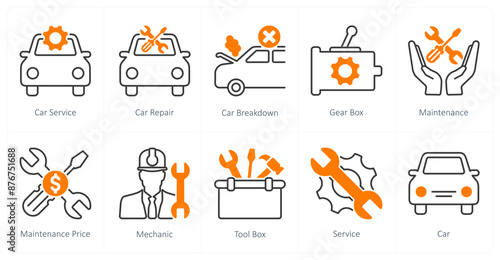 A set of 10 Car icons as car service, car repair, car breakdown