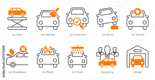 A set of 10 Car icons as car lifter, car painting, car inspection