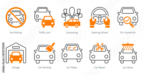 A set of 10 Car icons as no parking, traffic jam, carpooling