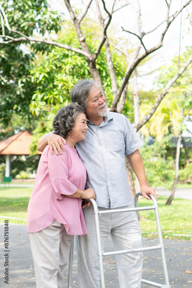 elderly healthy asian couple smile and relax in the park together elderly healthy asian couple smile and relax in the park together