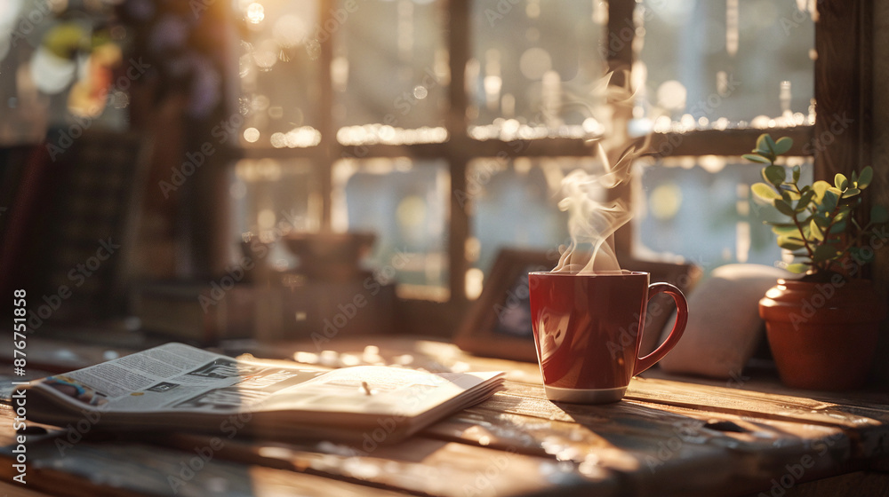 A Cozy Morning Scene Featuring a Steaming Cup of Coffee A Cozy Morning Scene Featuring a Steaming Cup of Coffee