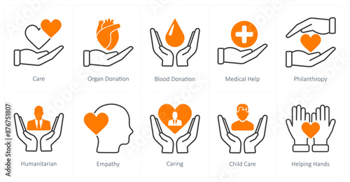 A set of 10 Charity and Donation icons as care, organ donation, blood donation