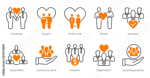 A set of 10 Charity and Donation icons as friendship, support, foster care