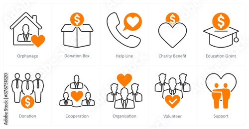 A set of 10 Charity and Donation icons as orphanage, donation box, help line