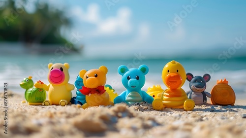 Set of colorful toys on sand beach with sea on background
