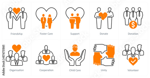 A set of 10 Charity and Donation icons as friendship, foster care, support