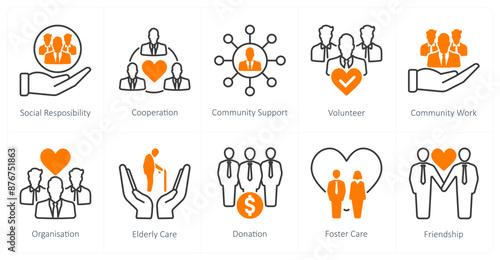 A set of 10 Charity and Donation icons as social responsibility, cooperation, community support
