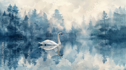 Fototapeta Naklejka Na Ścianę i Meble -  Watercolor painting of a graceful swan on a tranquil lake, copy space banner, vintage background 