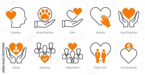 A set of 10 Charity and Donation icons as empathy, animal welfare, car