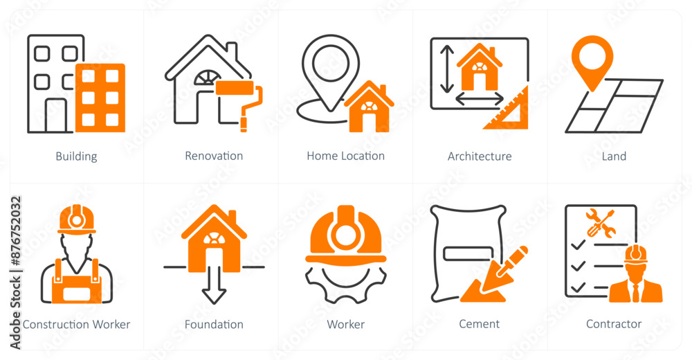 A set of 10 Construction icons as building, renovation, home location A set of 10 Construction icons as building, renovation, home location