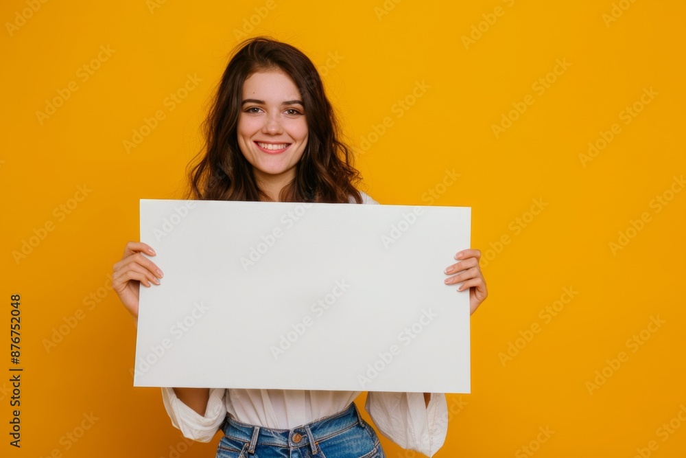 A young woman beams with happiness as she holds up a mockup or blank white sign. This scene is ideal for displaying messages, announcements, or promotions in a bright and attractive environment. A young woman beams with happiness as she holds up a mockup or blank white sign. This scene is ideal for displaying messages, announcements, or promotions in a bright and attractive environment.